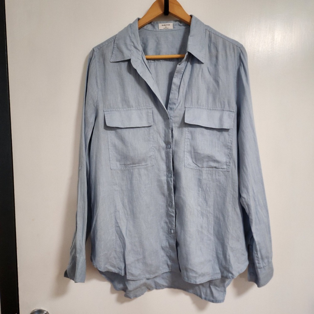 Babaton Aritzia Long Sleeve to 3/4 Sleeve Light Blue Linen Shirt Size Medium